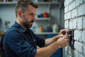 Électricien homme en action dans un local technique