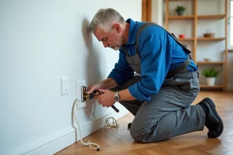 Électricien homme installant une prise électrique dans une maison