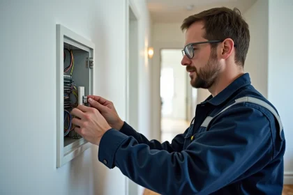 Électricien professionnel installant un module Yokis va-et-vient sans fil dans un tableau électrique résidentiel moderne