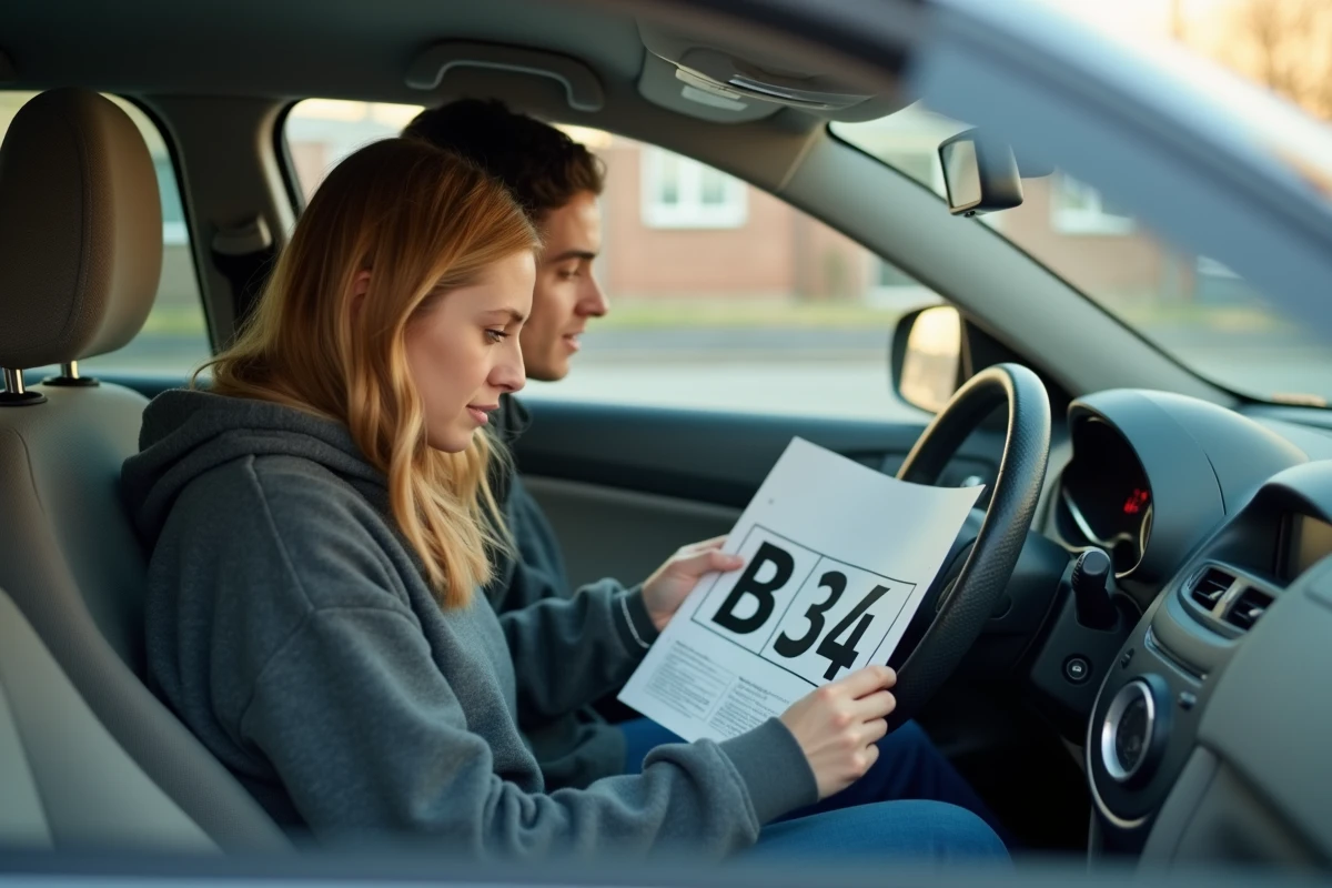 Élève conductrice étudiant le panneau B34 avec son moniteur à l'intérieur d'un véhicule d'auto-école