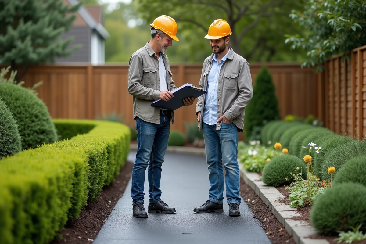 Un entrepreneur en travaux et un propriétaire examinant ensemble une allée de jardin en enrobé drainant fraîchement posé, discutant du projet et des finitions