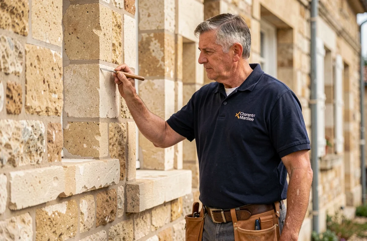 Artisan de l'entreprise Claude Bourgeois et Fils inspectant une façade en pierre charentaise rénovée
