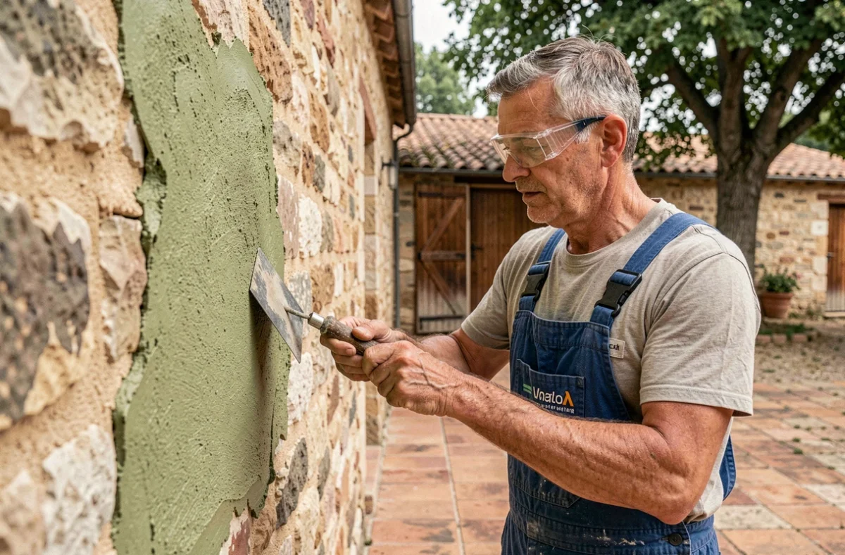Artisan de l'entreprise Salles et Fils appliquant un enduit traditionnel sur une façade en pierre