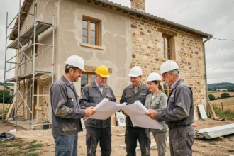 Équipe de rénovation professionnelle devant une maison en pierre traditionnelle en Tarn-et-Garonne