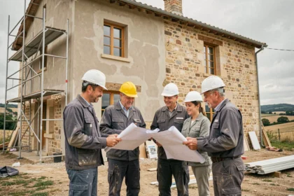 Équipe de rénovation professionnelle devant une maison en pierre traditionnelle en Tarn-et-Garonne