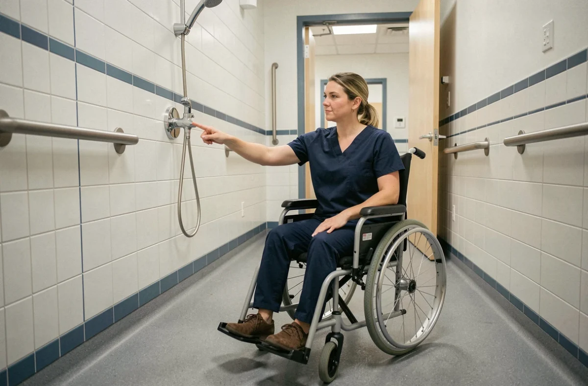 Ergothérapeute expliquant la hauteur réglementaire d'un mitigeur douche PMR à une personne en fauteuil roulant dans une salle de bains adaptée