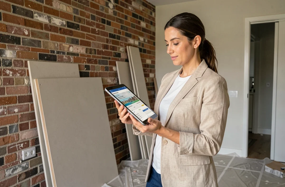 Femme consultant une estimation de prix de travaux sur tablette dans un salon en cours de rénovation