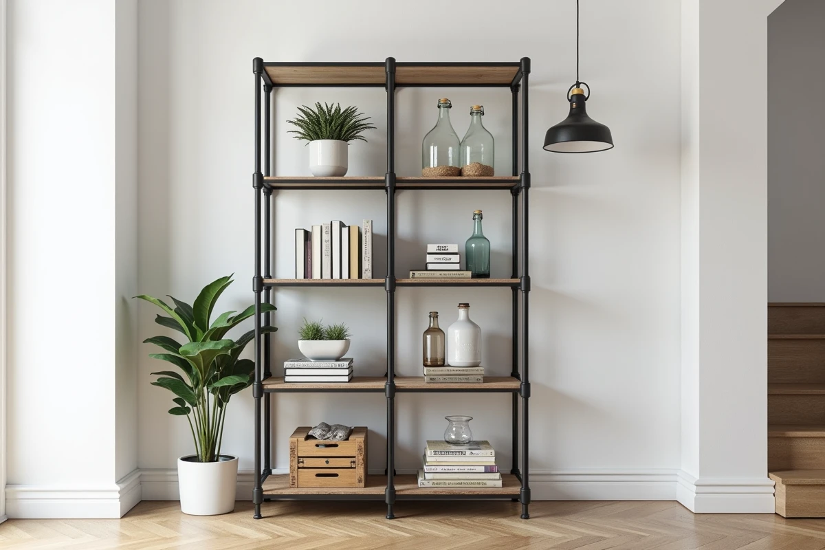 Étagère industrielle haute en tubes carrés en fer noir mat avec livres et plantes dans un appartement moderne