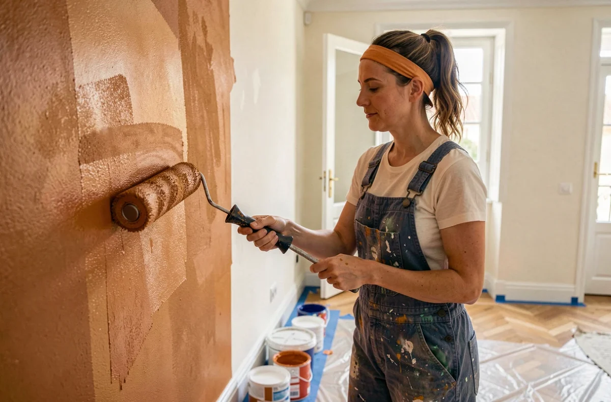 Peintre de EURL JCP Couleur appliquant une peinture ocre sur un mur intérieur rénové
