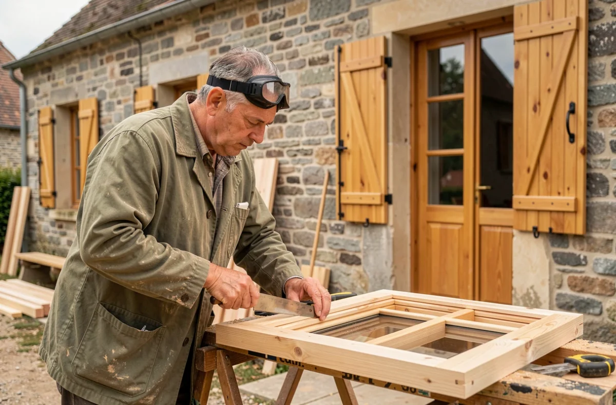 Artisan Laurent Morelet taillant une menuiserie bois devant une maison en pierre charentaise en rénovation