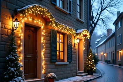 Façade de maison en pierre décorée de guirlandes lumineuses blanc chaud pour Noël, photographiée en soirée d'hiver avec reflets sur les pavés mouillés