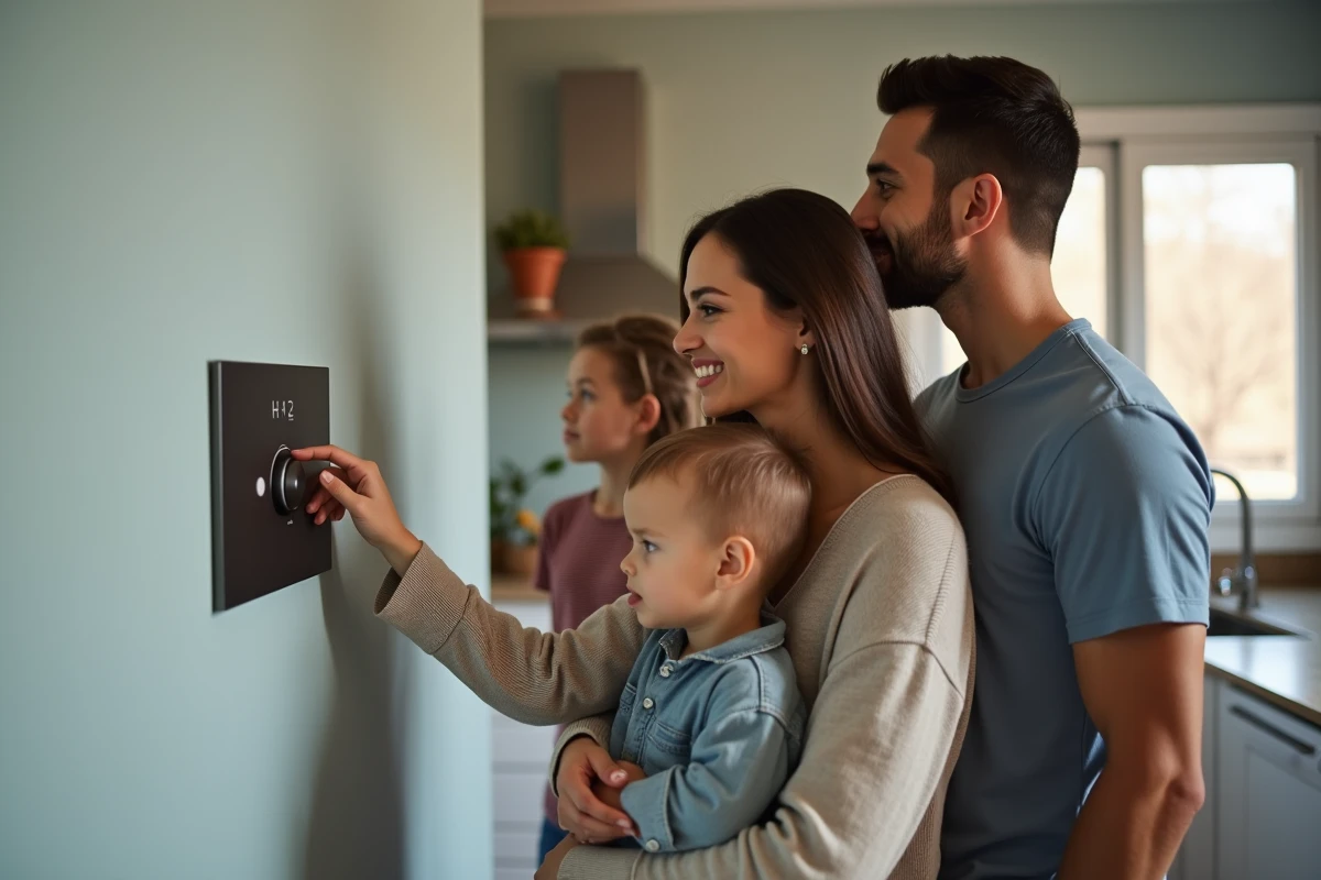 Famille utilisant un panneau de contrôle de la ventilation dans la cuisine