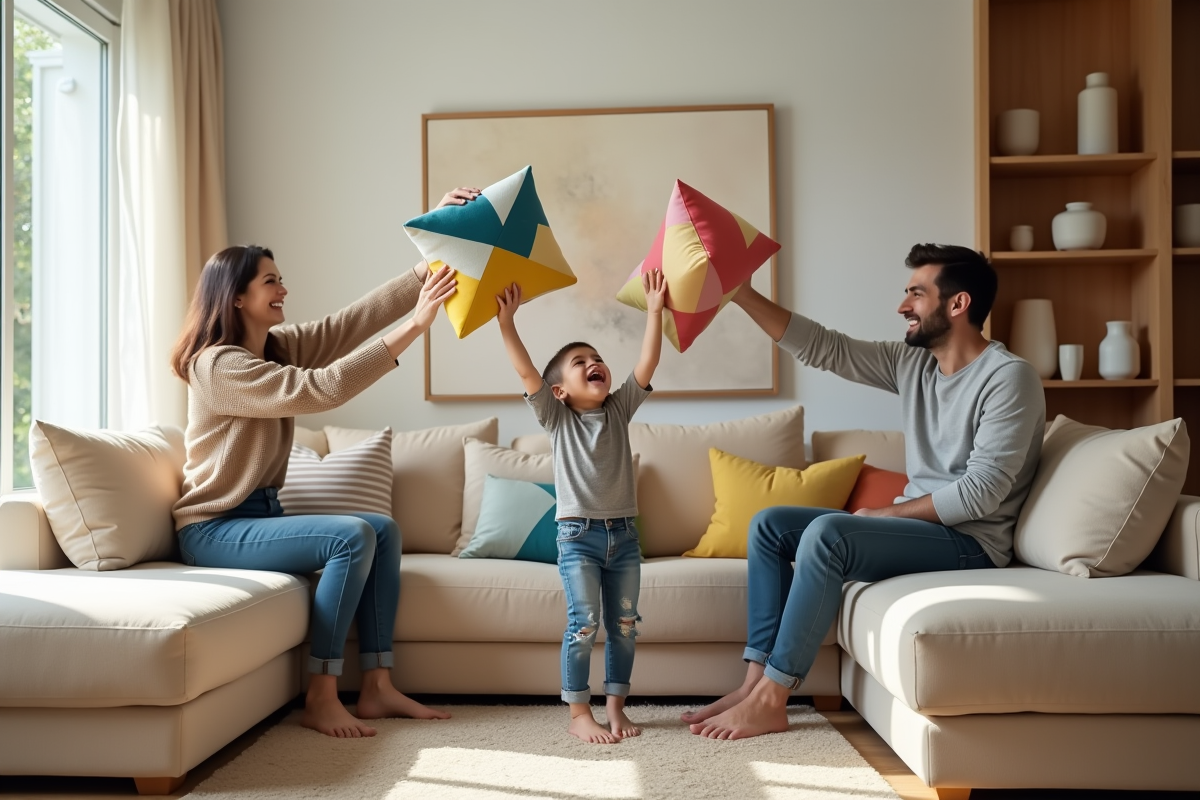 Famille jouant avec des coussins dans un salon lumineux