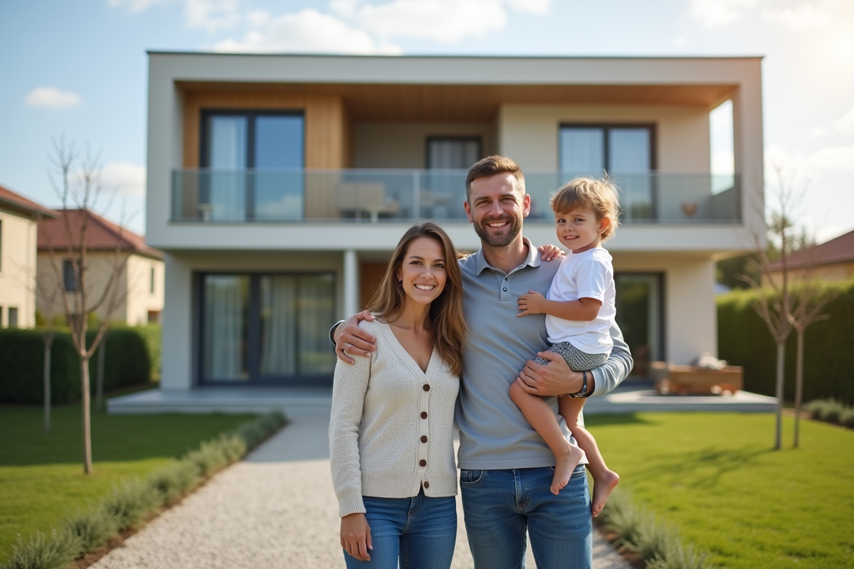 Famille devant leur maison moderne en France