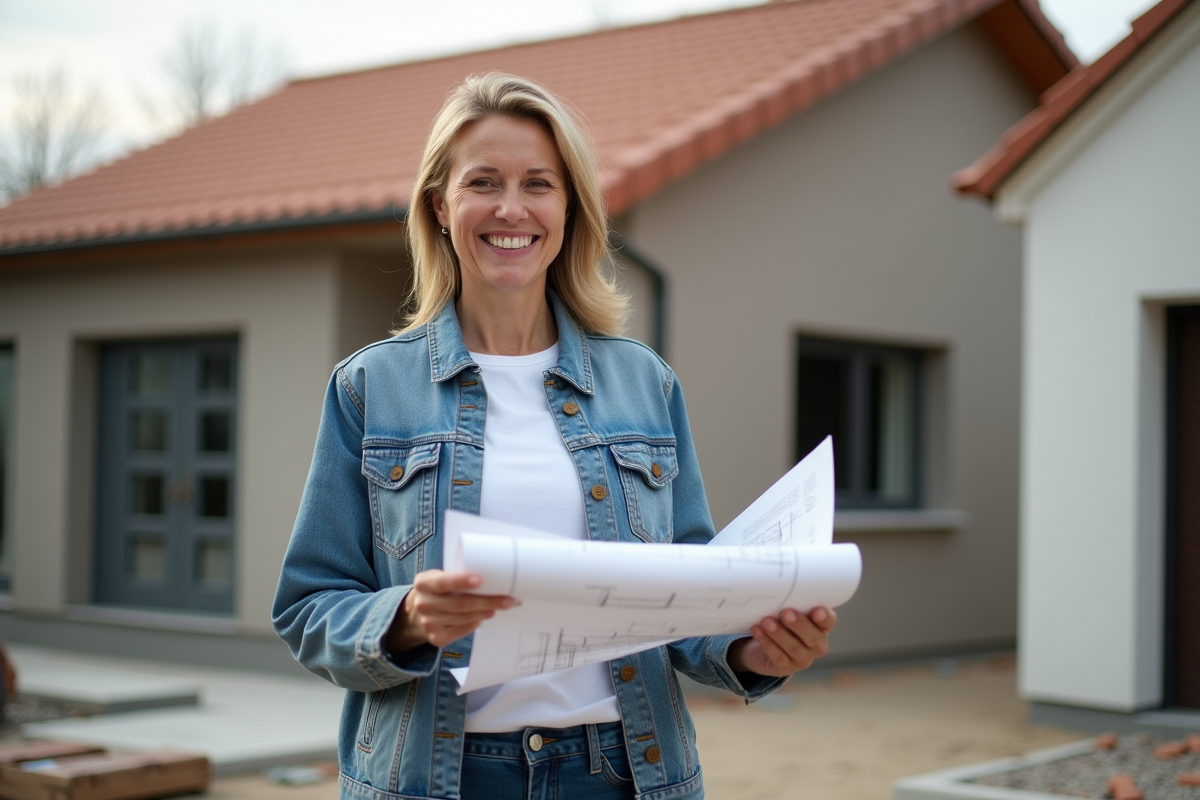 Femme souriante vérifie des plans devant une maison rénovée