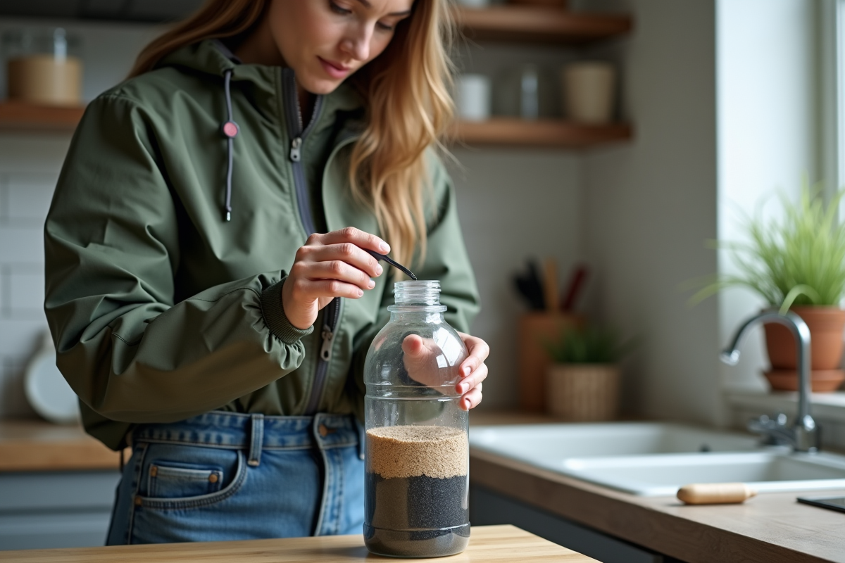 Femme assemble un filtre à eau DIY dans la cuisine