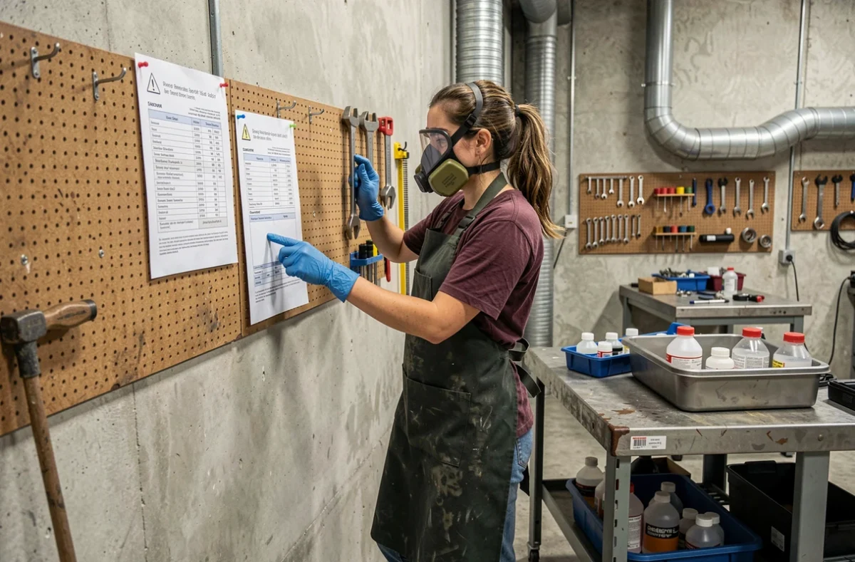 Femme en atelier industriel lisant une fiche de données de sécurité avant de manipuler des produits chimiques oxaliques