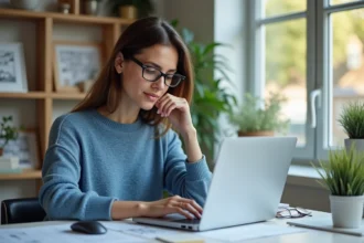 Femme au bureau à domicile avec plan digital et plantes