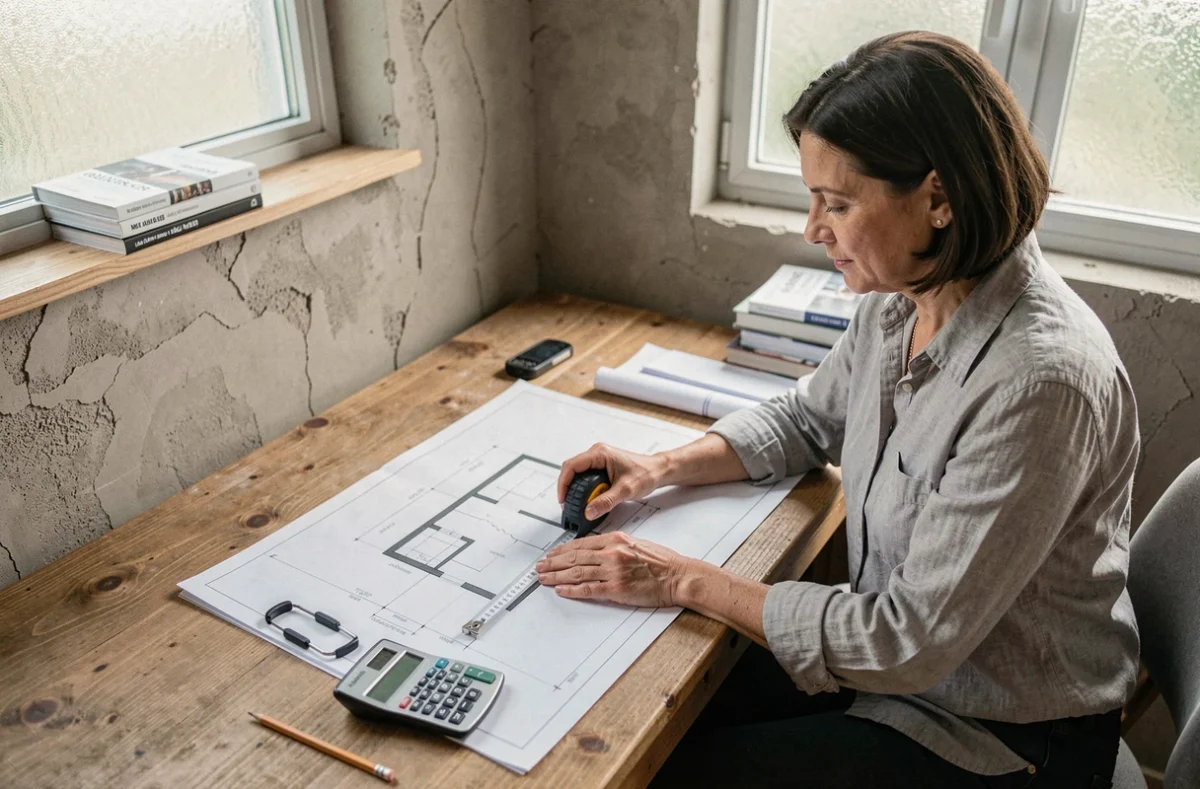 Femme calculant le volume de béton nécessaire sur un plan architectural avec calculatrice et mètre ruban