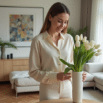 Femme élégante arrangeant des tulipes blanches dans un vase moderne