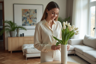 Femme élégante arrangeant des tulipes blanches dans un vase moderne