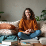 Femme souriante dans un salon cosy avec coussins colorés
