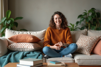 Femme souriante dans un salon cosy avec coussins colorés