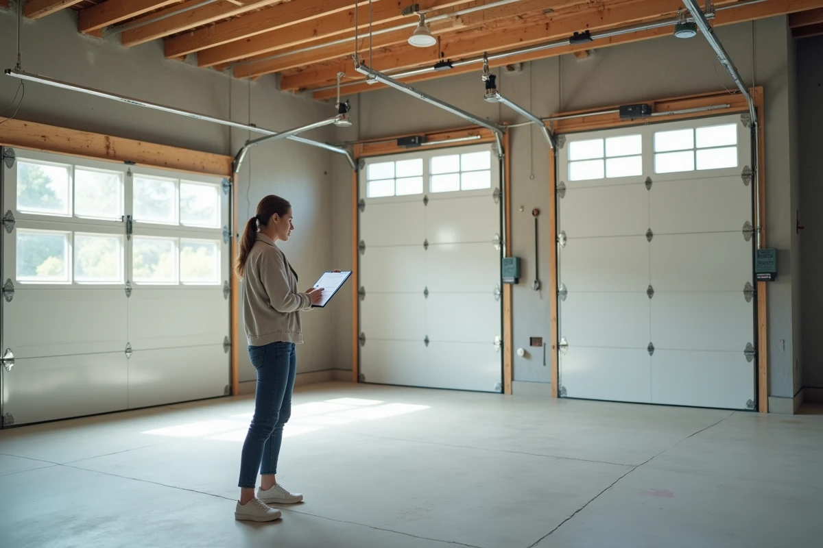 Femme vérifiant deux portes de garage en construction