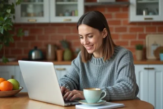Femme faisant ses courses en ligne sur un laptop dans une cuisine moderne avec un panier virtuel rempli