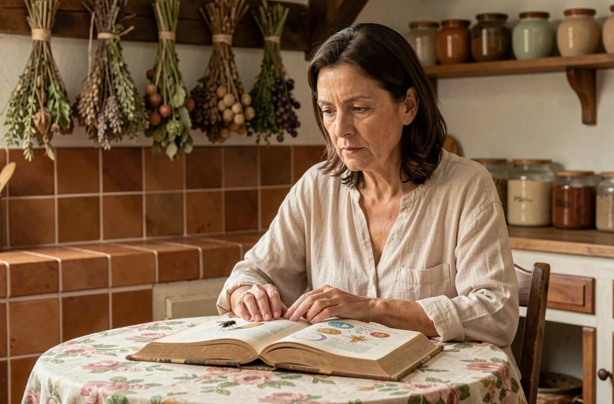 Femme méditerranéenne contemplant une mouche posée sur un livre de croyances religieuses et de symbolique populaire dans une cuisine traditionnelle