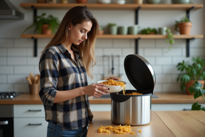 Femme préparant des restes de pâtes dans une cuisine chaleureuse
