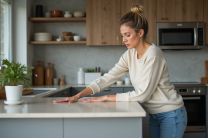 Femme d'âge moyen touchant un plan de travail moderne dans la cuisine