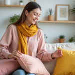 Jeune femme arrangeant des coussins dans un salon moderne
