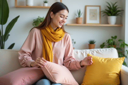 Jeune femme arrangeant des coussins dans un salon moderne