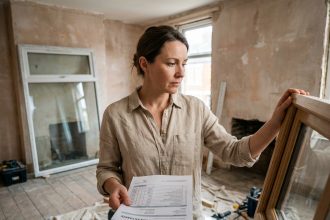 Femme examinant des échantillons de fenêtres et un devis lors d'une rénovation à budget maîtrisé