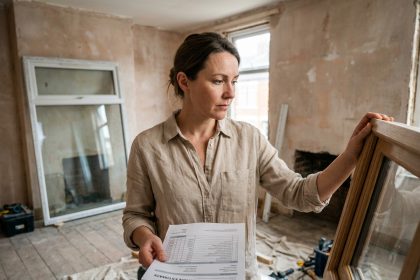 Femme examinant des échantillons de fenêtres et un devis lors d'une rénovation à budget maîtrisé