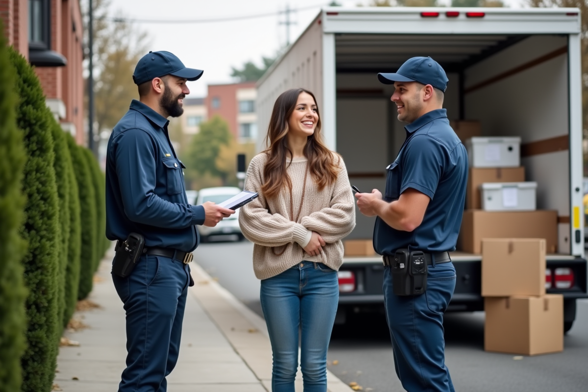 Jeune femme discutant avec déménageurs devant un camion de déménagement