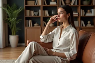 Femme élégante assise dans un salon moderne et chaleureux