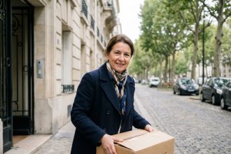 Femme souriante arrangeant des cartons devant un immeuble parisien