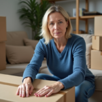 Femme en sweater bleu scelle une boxe de déménagement dans un salon