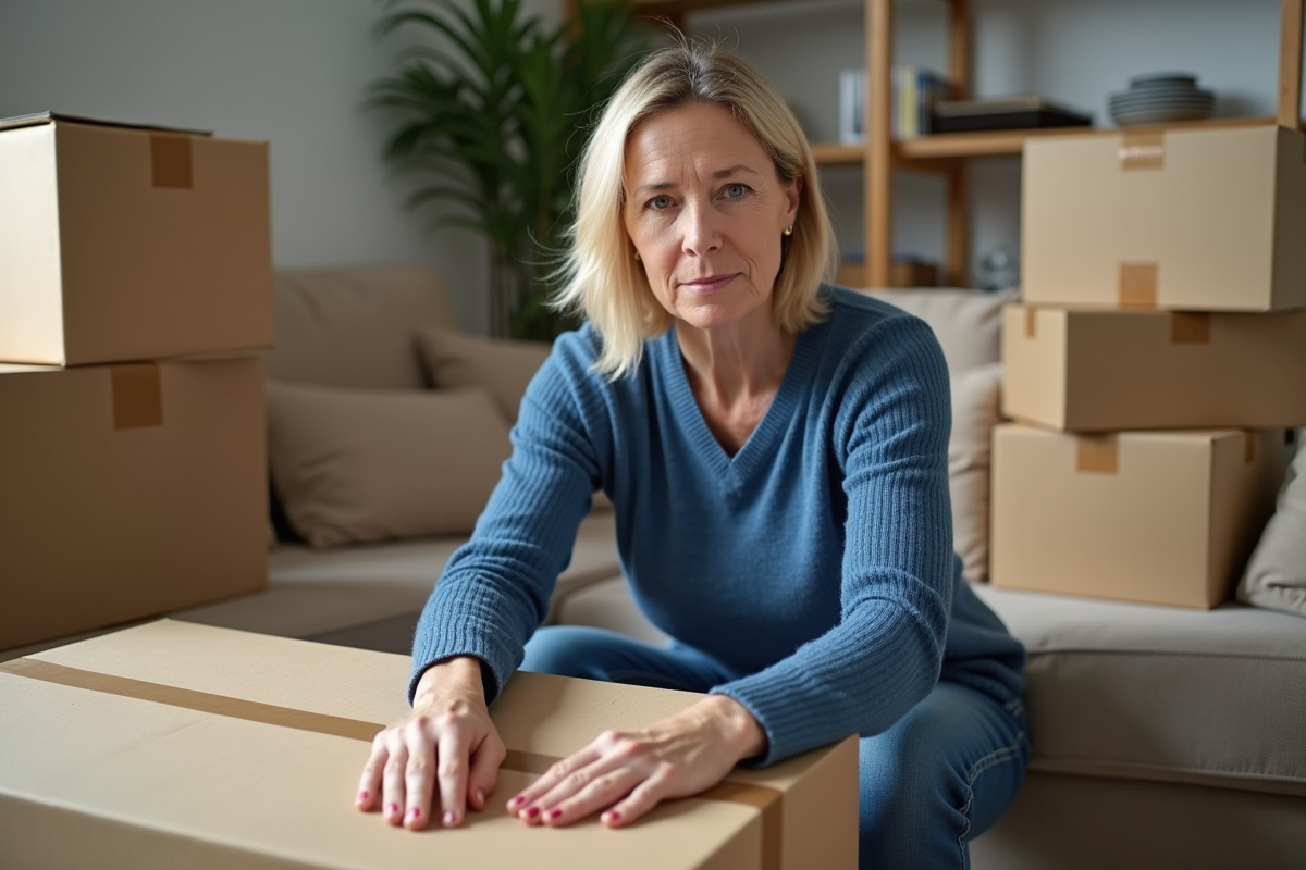 Femme en sweater bleu scelle une boxe de déménagement dans un salon