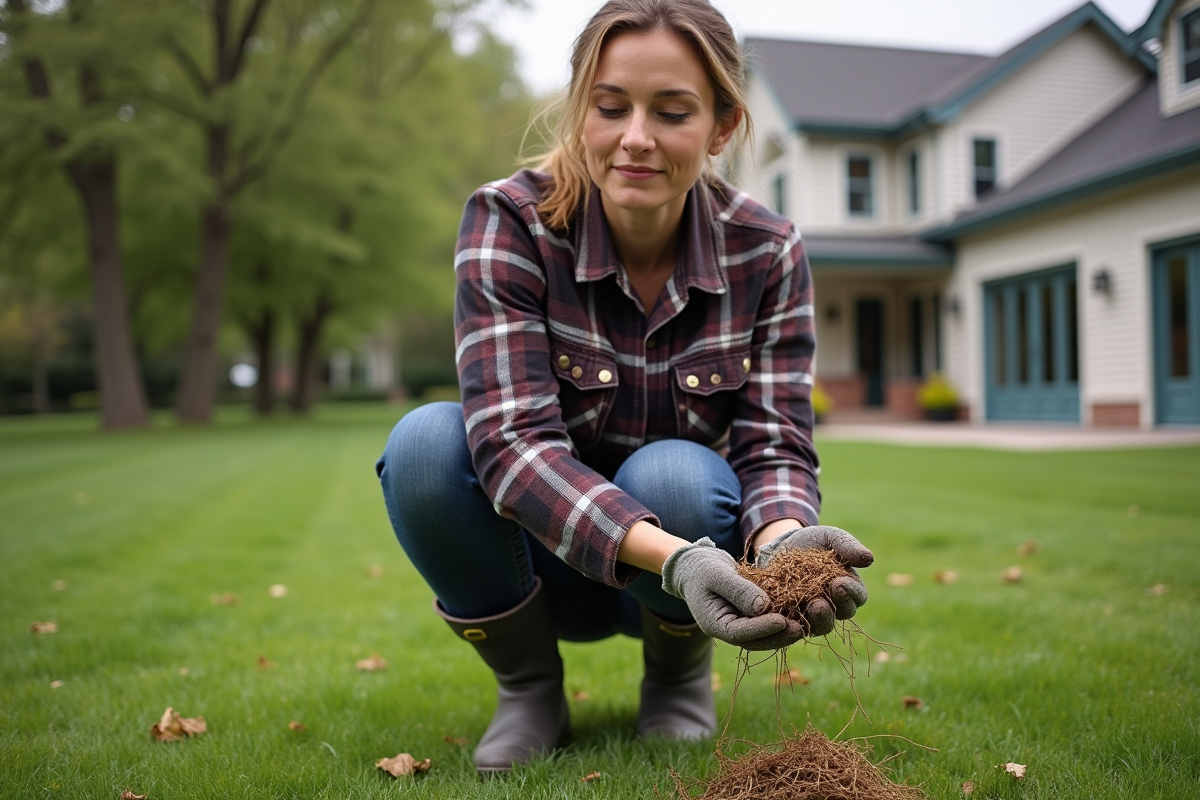 Femme examinant du chaume de pelouse après scarification