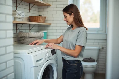 Femme examinant les symboles du panneau de commande d'un lave-linge Valberg, notamment le logo d'essorage