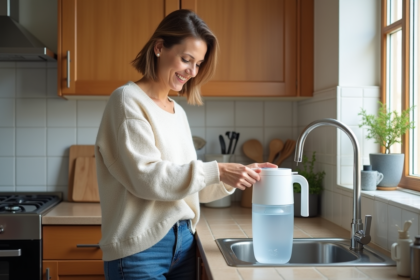 Femme versant de l'eau dans un filtre à carafe moderne