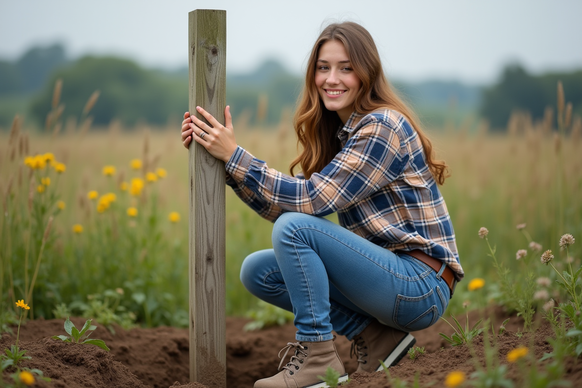 Jeune femme posant un poteau de clôture dans un champ rural