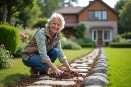 Femme en jardinage posant près d'une murette en pierre verte