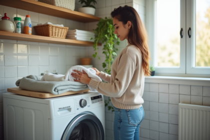 Jeune femme triant du linge dans une buanderie lumineuse
