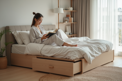 Jeune femme lisant dans une chambre moderne et lumineuse