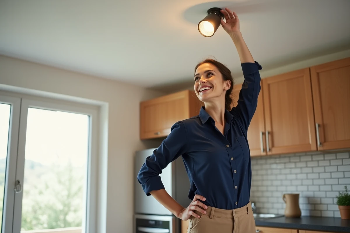 Jeune femme souriante devant un spot dans la cuisine
