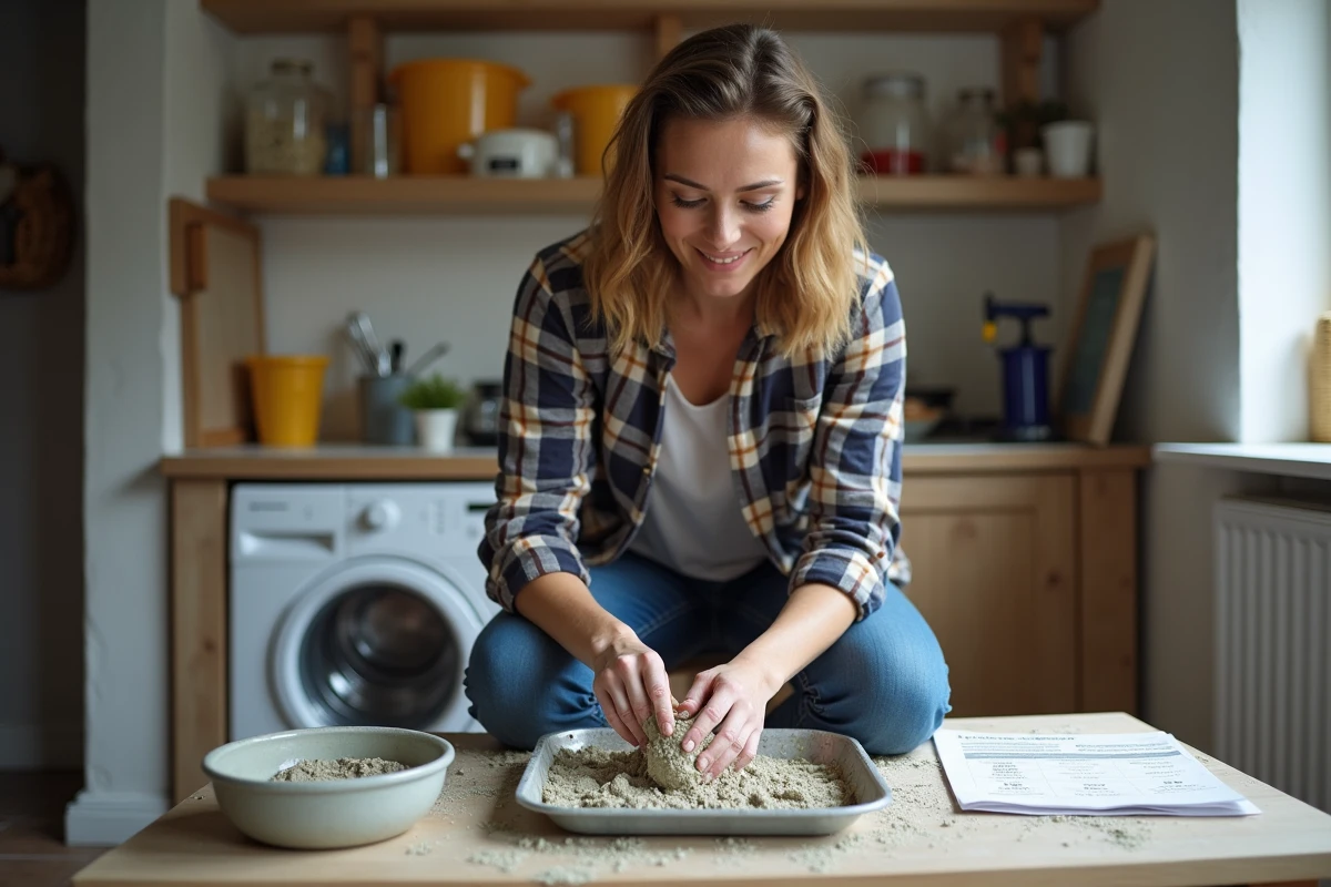 Femme mélangeant du mortier dans un atelier intérieur